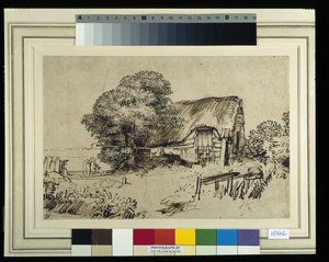 一棵大树旁的茅草屋，一个坐在外面的人物，c.1648-52（纸上笔墨） 作者 伦勃朗·哈门斯。范赖恩