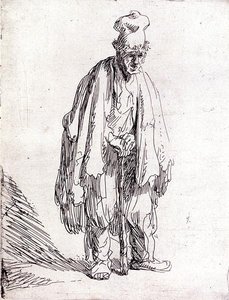 戴着高帽的乞丐（纸上笔墨）。 作者 伦勃朗·哈门斯。范赖恩