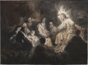 基督和他的门徒在客西马尼花园》，伦勃朗-凡-雷恩（1606-1669 年）作。纸上钢笔、毛笔、灰色和棕色颜料、水彩，约创作于 1634 年。尺寸：35.7x47.8 厘米。哈勒姆泰勒斯博物馆 作者 伦勃朗·哈门斯。范赖恩