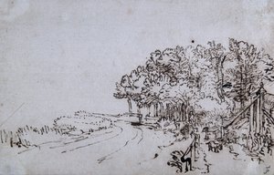 特伦堡附近Amsteldijk河头的灌木丛，约1649年（纸上笔墨）。 作者 伦勃朗·哈门斯。范赖恩