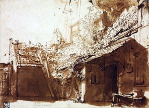 光影中的农舍 - 伦勃朗-凡-雷恩（1606-1669） - 1635-1636 - 纸上钢笔、毛笔、棕色 - 16.2x22.5 厘米 - 布达佩斯 Szepmuveszeti 博物馆 作者 伦勃朗·哈门斯。范赖恩