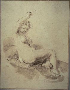高举手臂的女性裸体卧像，约 1665 年（钢笔和棕色墨水、毛笔和棕色水彩，印在棕褐色平纹纸上）
