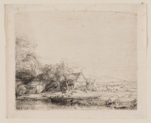 有牛喝水的风景，c.1650（象牙色纸上的蚀刻和干画） 作者 伦勃朗·哈门斯。范赖恩
