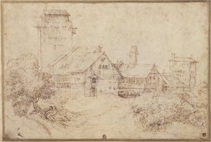 建筑物和恋人相拥的风景，仿照提香的作品（纸上红粉笔、棕墨）。 作者 伦勃朗·哈门斯。范赖恩