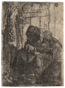 坐在小屋中的老妇人，墙上挂着一串洋葱，约 1629 年（蚀刻版画） 作者 伦勃朗·哈门斯。范赖恩