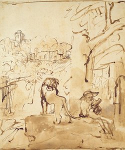 圣杰罗姆（St. Jerome）在风景中读书（用笔在纸上洗） 作者 伦勃朗·范·赖恩