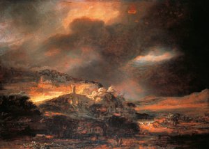 暴风雨景观，c.1637/38（面板上的油） 作者 伦勃朗·哈门斯。范赖恩
