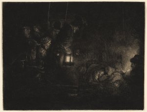 牧羊人的崇拜》：夜景作品，约 1657 年（象牙白板纸上的黑色蚀刻版画、干点画和錾刻版画） 作者 伦勃朗·哈门斯。范赖恩
