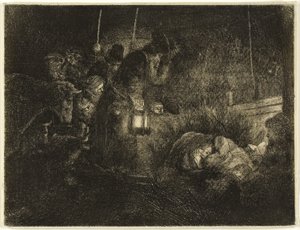 《牧羊人的崇拜：夜曲》，c.1657（纸上蚀刻） 作者 伦勃朗·哈门斯。范赖恩