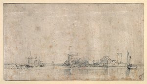 阿姆斯特尔河在奥姆瓦尔，约1650-53（纸上水墨笔）。 作者 伦勃朗·哈门斯。范赖恩