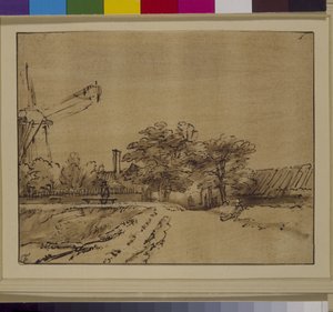 阿姆斯特丹Sint Anthonispoort壁垒上的风车，约1650年（纸上笔墨）。 作者 伦勃朗·哈门斯。范赖恩