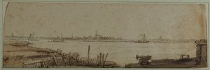 从 Diemerdijk 看 IJ 河，约 1650 年（纸上用棕色水洗和白色体色的钢笔和墨水） 作者 伦勃朗·哈门斯。范赖恩