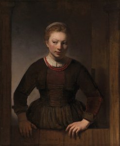 年轻女子在敞开的半扇门前，1645年 作者 伦勃朗·哈门斯·范·赖恩