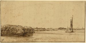 广泛的水上帆船，c.1650（笔和棕色墨水和棕色水洗，在有色纸上） 作者 伦勃朗·范·赖恩