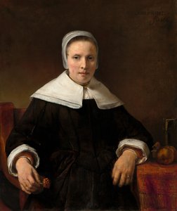 一个拿着粉红色的女人，1656年。 作者 伦勃朗·范·赖恩
