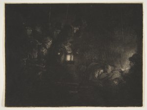 牧羊人的崇拜：夜间作品》，约1657年。 作者 伦勃朗·范·赖恩