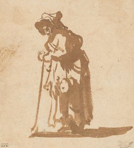 拄着棍子的乞丐妇女，16281630。 作者 伦勃朗·范·赖恩