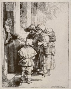 乞丐在房子的门口接受施舍，1648（干点雕刻） 作者 Rembrandt van Rijn