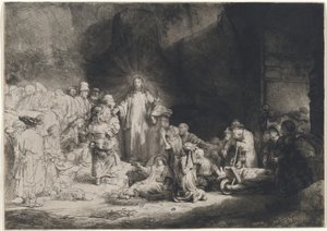基督传道（百家讲坛）》（The Hundred Guilder Print）。 作者 伦勃朗·范·赖恩