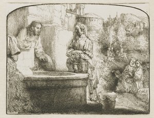 基督和撒玛利亚妇人：拱形版画 作者 伦勃朗·范·赖恩