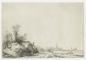 运河边的小屋，可眺望 Ouderkerk 景色 作者 伦勃朗·范·赖恩