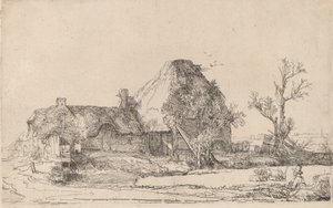 平房和农场建筑与一个正在写生的人，约1645年。 作者 伦勃朗·范·赖恩