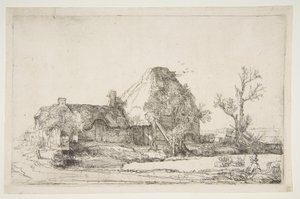 平房和农场建筑与一个正在写生的人，约1645年。 作者 伦勃朗·范·赖恩