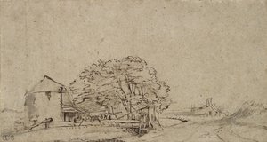 农场建筑旁边一条道路与遥远的农庄，1650-69（笔和棕色墨水与灰色洗在纸上） 作者 伦勃朗·范·赖恩