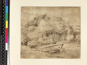 树下的农舍，带人行桥，1650年（笔和墨水在纸上洗） 作者 伦勃朗·范·赖恩