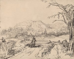 有运动员和狗的风景，约1653年。 作者 伦勃朗·范·赖恩