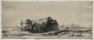 带小屋和干草谷仓的风景：长方形，1641年。 作者 伦勃朗·范·赖恩