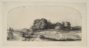 与干草谷仓和一群羊一起风景，1652年。 作者 伦勃朗·范·赖恩
