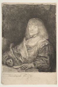 戴着十字架和链条的办公桌前的男子，1641年。 作者 伦勃朗·范·赖恩