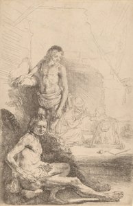 坐着的裸体男子和站着的裸体男子，背景是一个女人和婴儿，约1646年。 作者 伦勃朗·范·赖恩