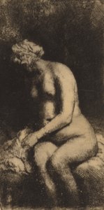 坐在长椅上的裸体，带着枕头的女人在小溪边沐浴她的脚，1658年。 作者 伦勃朗·范·赖恩