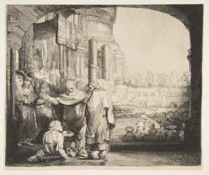 彼得和约翰在圣殿门口治愈Cri子，1659年。 作者 伦勃朗·范·赖恩