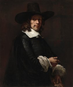 戴高帽和手套的绅士肖像，约1656-1658。 作者 伦勃朗·范·赖恩