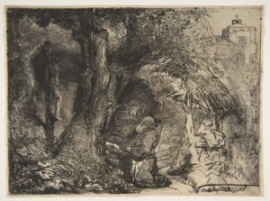 在树下祈祷的圣弗朗西斯，1657年。 作者 伦勃朗·范·赖恩