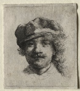 戴着软顶的自画像：全脸，仅头部，c。 1634年。 作者 伦勃朗·范·赖恩