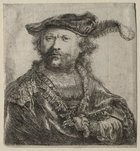 带羽毛的天鹅绒帽自画像，1638年。 作者 伦勃朗·范·赖恩