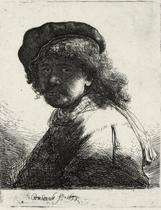 戴帽子和围巾面对黑暗的自画像，1633年 作者 伦勃朗·范·赖恩