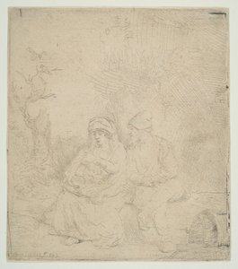逃往埃及时的休息，轻度蚀刻，1645年。 作者 伦勃朗·范·赖恩