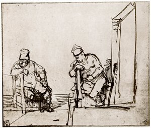 两名男子坐在门口，1913年。 作者 伦勃朗·范·赖恩