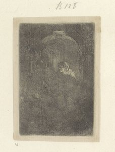 女人在门口与带着孩子的男人交谈
Recueil de quatre-vingt-cinq estampes originales（系列标题） 作者 伦勃朗·范·赖恩