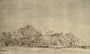 冬季景观与树木之间的小屋，c.1650（芦苇笔和棕色墨水） 作者 伦勃朗·范·赖恩