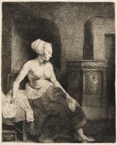 女人坐在炉子旁边半穿，1658年 作者 伦勃朗·范·赖恩