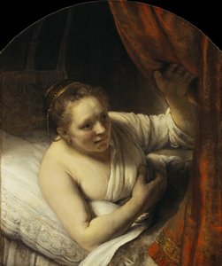年轻女子在床上，1645-1647年。 作者 伦勃朗·范·赖恩