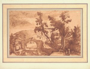 山间风景，河上有桥，右侧农庄旁的道路上有人物（纸上水墨与粉笔画）