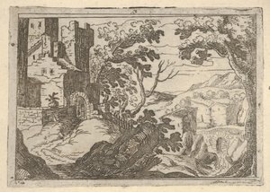 左面有建筑物，右下有一座桥，大约有景观。 1620-50。 作者 Remigio Cantagallina