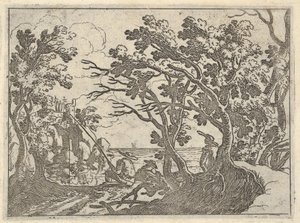 与陆上的渔夫和男性围观者在树下，一个船头的人下的风景...，ca。 1620-50。